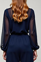 Navy Chiffon V-Neck Long Formal Jumpsuit