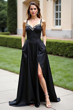 Black Spaghetti Straps A Line Long Formal Dress with Slit