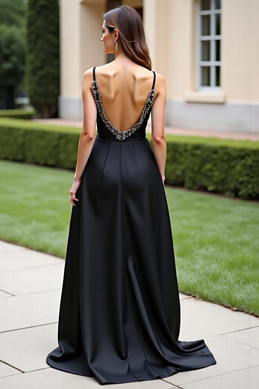 Black Spaghetti Straps A Line Long Formal Dress with Slit
