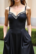 Black Spaghetti Straps A Line Long Formal Dress with Slit