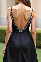 Black Spaghetti Straps A Line Long Formal Dress with Slit