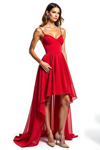 Rotes Chiffon High-Low Abendkleid mit Spaghettiträgern