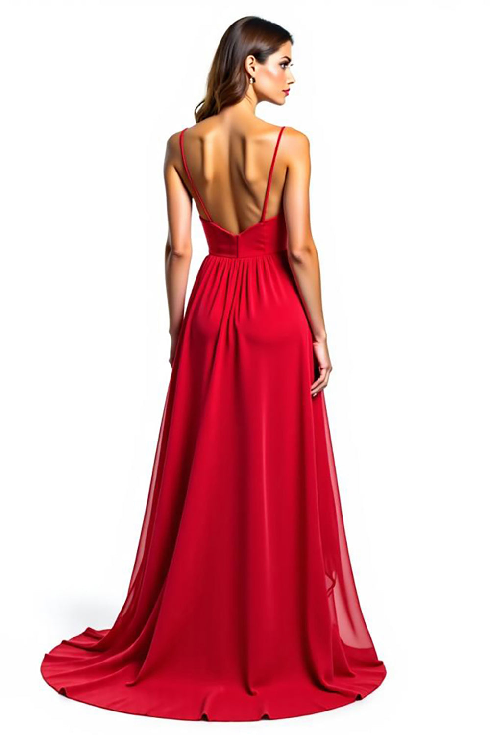 Spaghetti Straps Red Chiffon High-Low Formal Dress