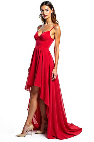 Rotes Chiffon High-Low Abendkleid mit Spaghettiträgern