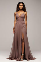 Chiffon Dusk Deep V-Neck Long Formal Dress with Slit