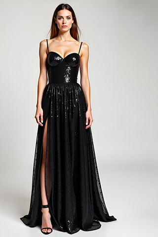 Glitzerndes schwarzes langes Abendkleid in A-Linie mit Schlitz
