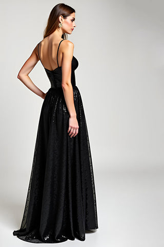 Glitzerndes schwarzes langes Abendkleid in A-Linie mit Schlitz