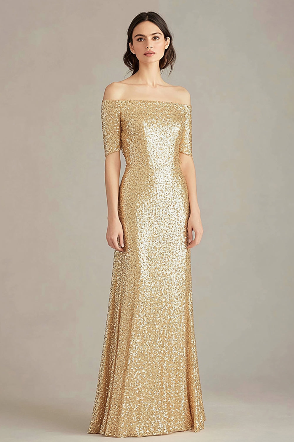 Sparkly Gold Square Neck Sheath Long Formal Dress