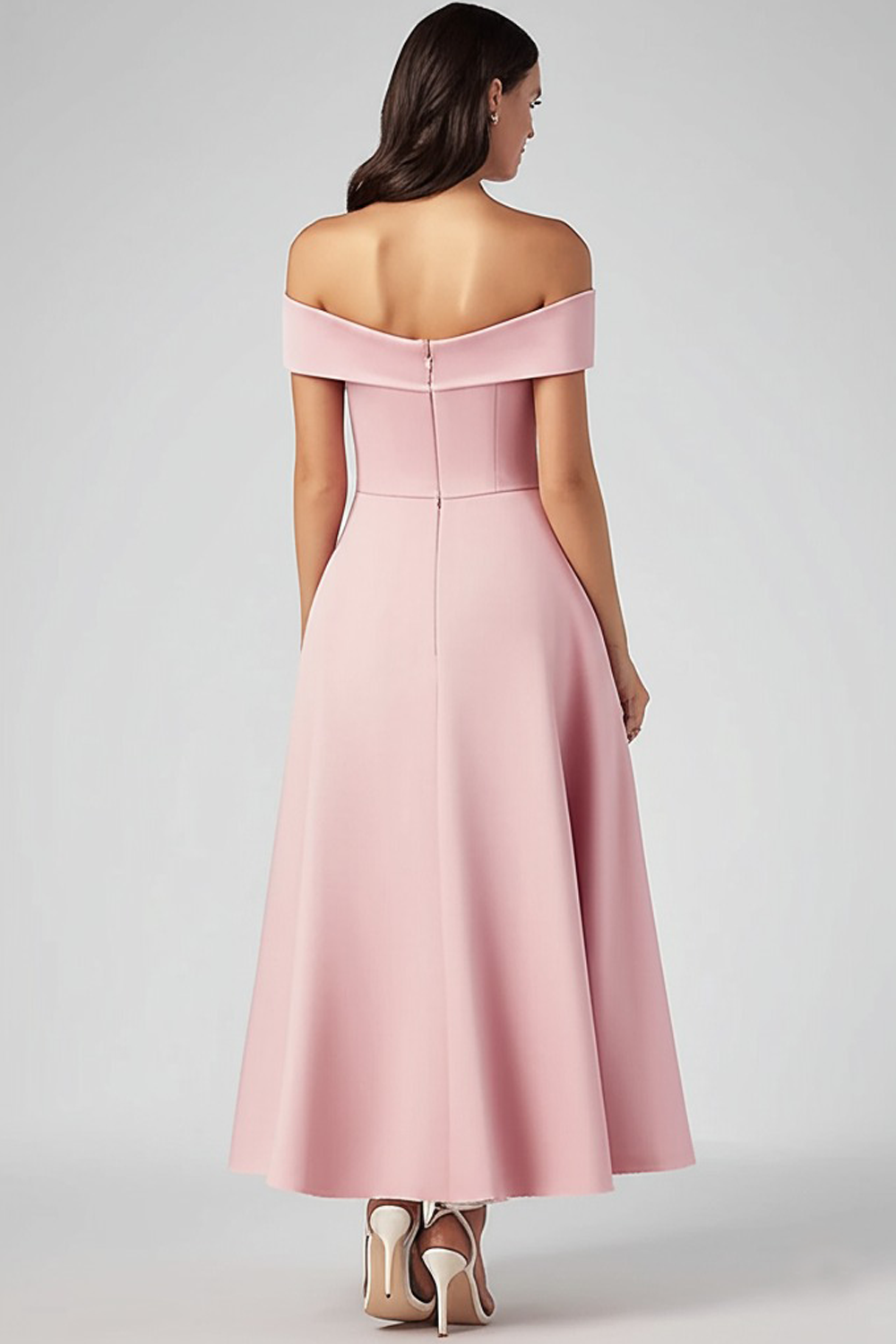 Off the Shoulder Pink A Line Tea-Length Formal Dress