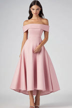 Off the Shoulder Pink A Line Tea-Length Formal Dress
