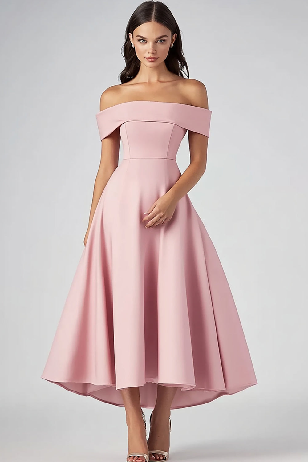 Off the Shoulder Pink A Line Tea-Length Formal Dress