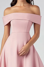 Off the Shoulder Pink A Line Tea-Length Formal Dress