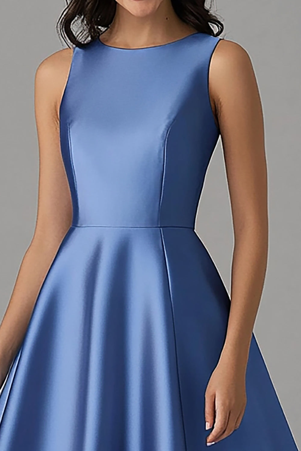 A Line Satin Blue Scoop Knee-Length Formal Dress