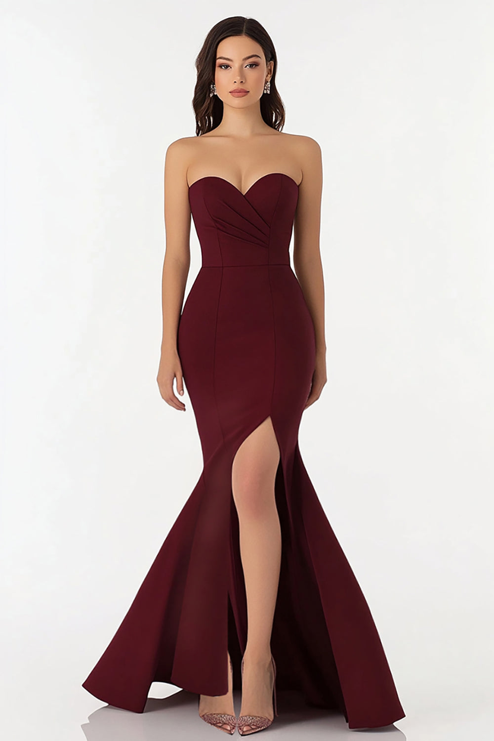 Vestido formal sem alças estilo sereia cor de vinho