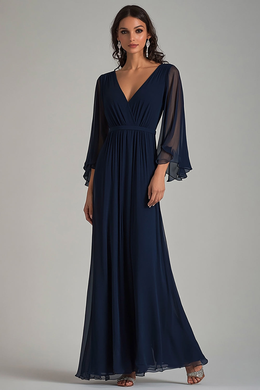 Navy V-Neck Chiffon Long Formal Dress with Half Sleeves