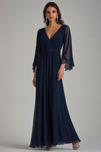 Navy V-Neck Chiffon Long Formal Dress with Half Sleeves