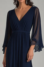 Navy V-Neck Chiffon Long Formal Dress with Half Sleeves