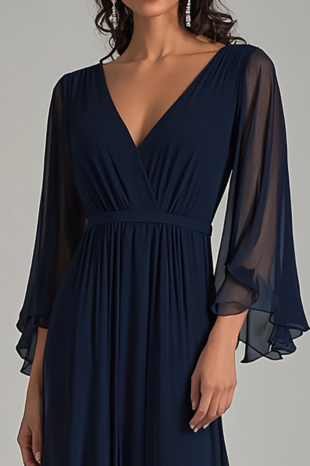 Navy V-Neck Chiffon Long Formal Dress with Half Sleeves