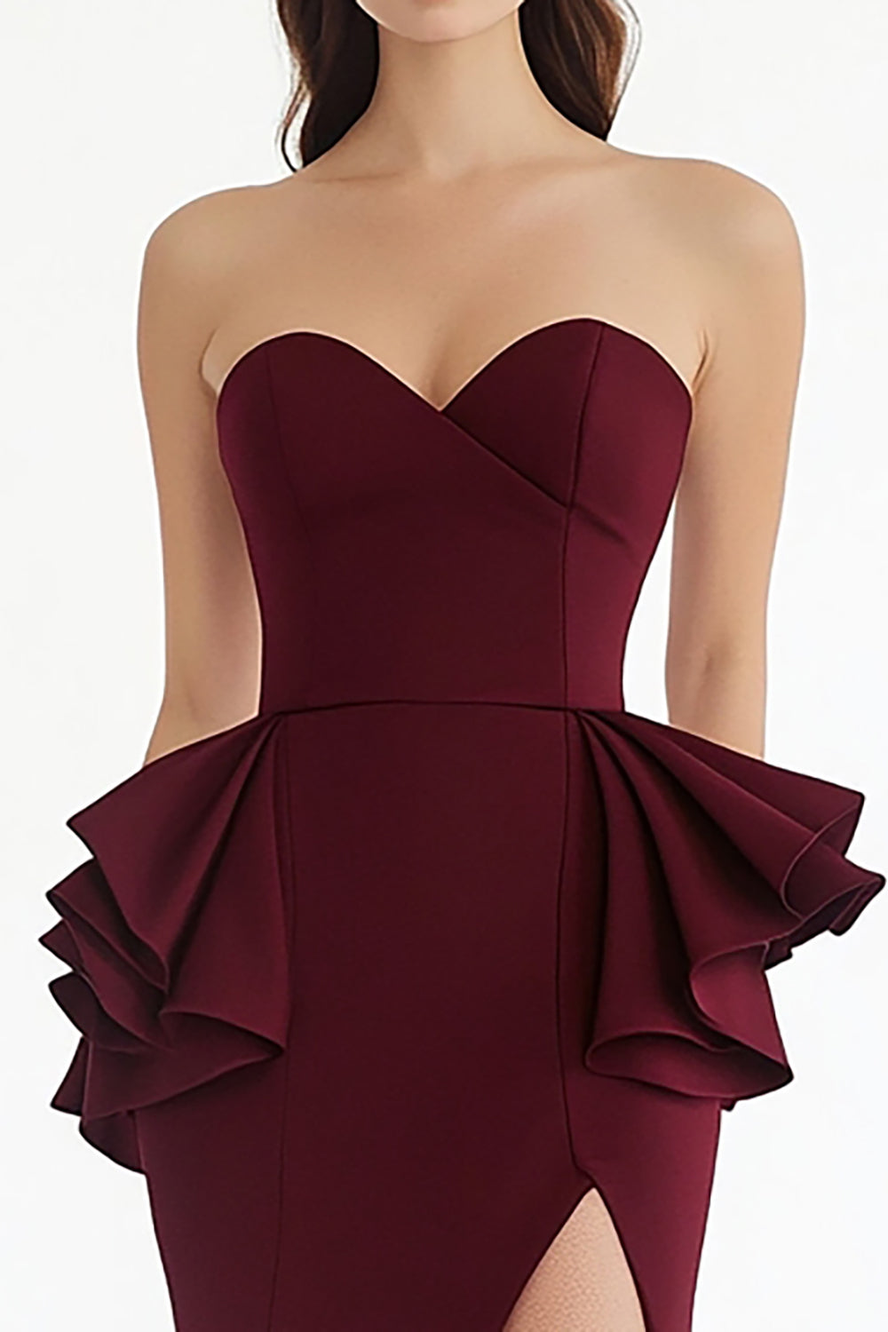 Strapless Burgundy Sheath Long Formal Dress with Slit