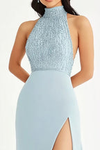Halter Neck Sky Blue Chiffon Long Formal Dress with Slit