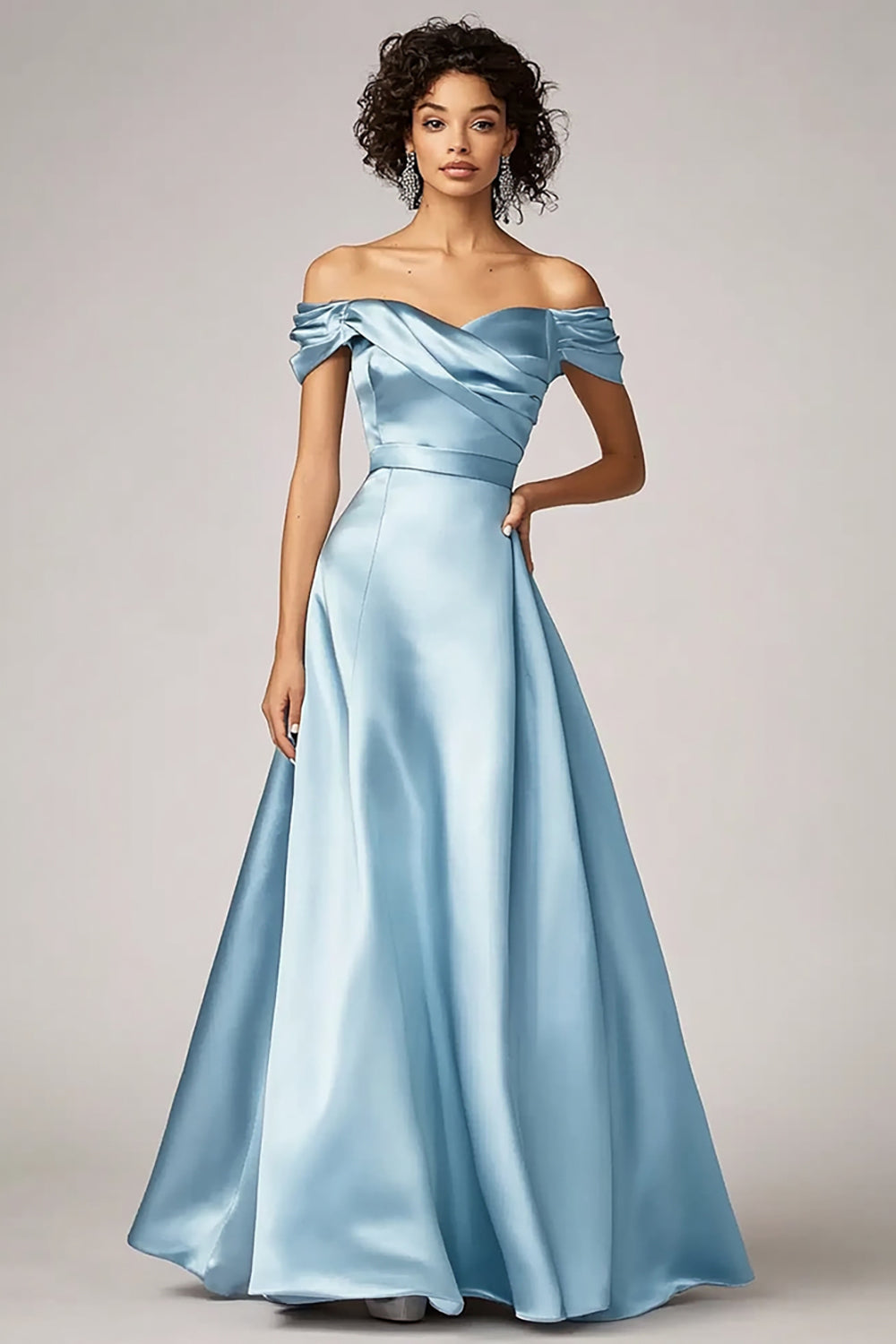 Sky Blue Off the Shoulder Satin Long Formal Dress