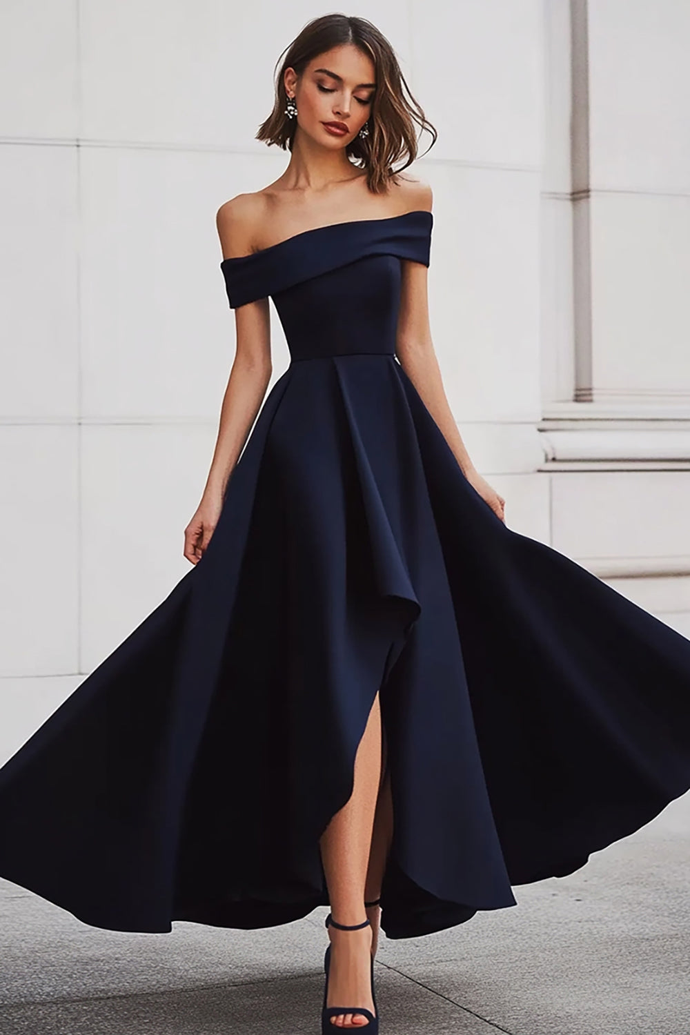 A Line Black Off the Shoulder Long Formal Dress with Slit