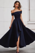 A Line Black Off the Shoulder Long Formal Dress with Slit