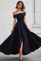 A Line Black Off the Shoulder Long Formal Dress with Slit