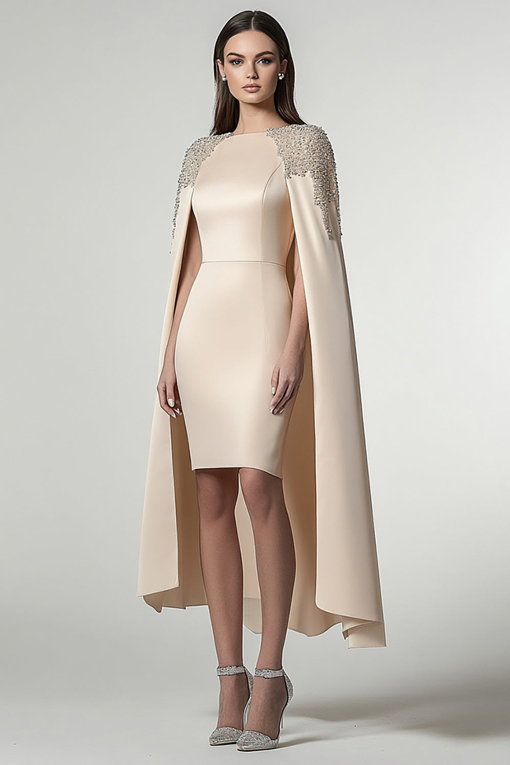 Sheath Champagne Satin Knee-Length Formal Dress with Shawl