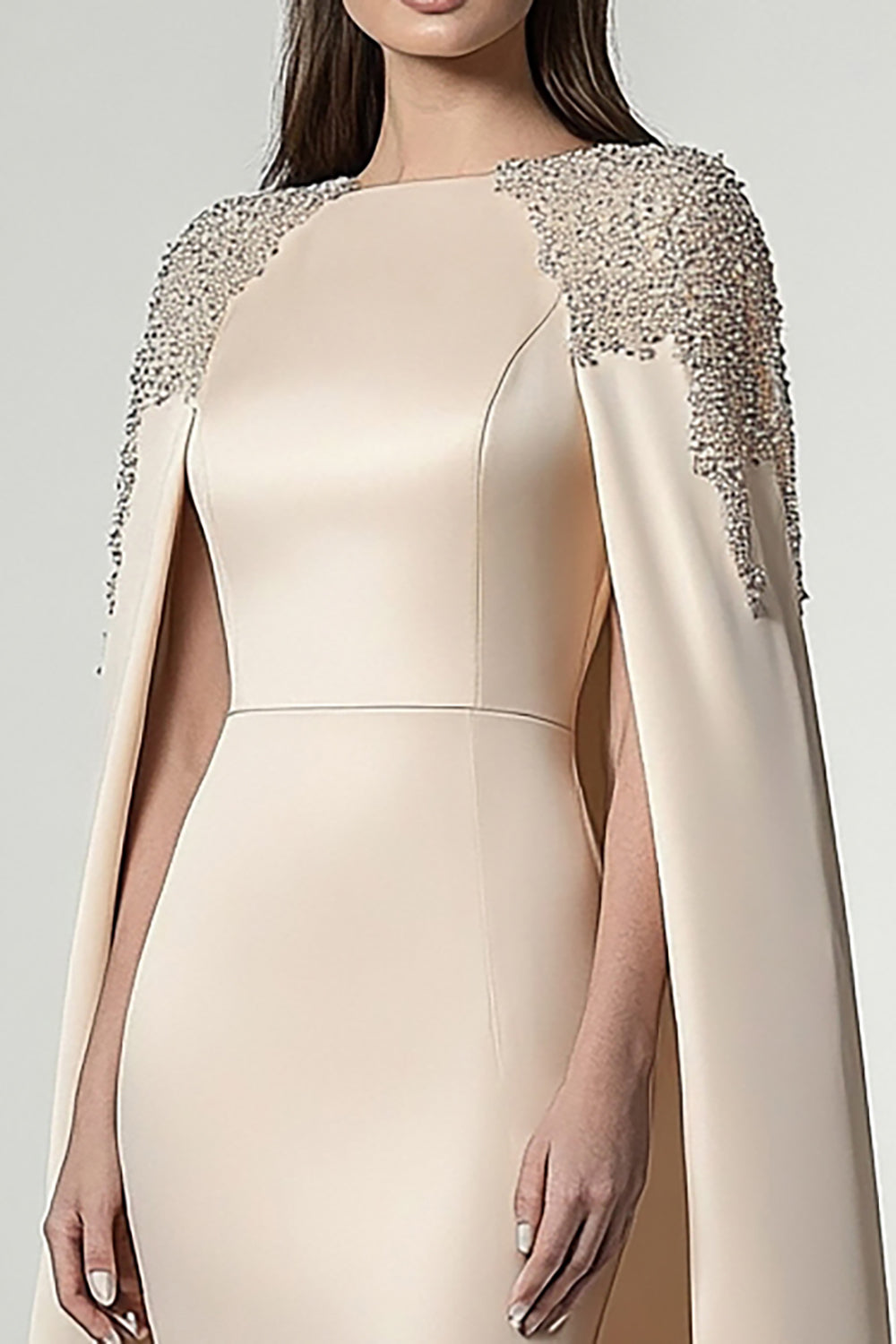 Sheath Champagne Satin Knee-Length Formal Dress with Shawl
