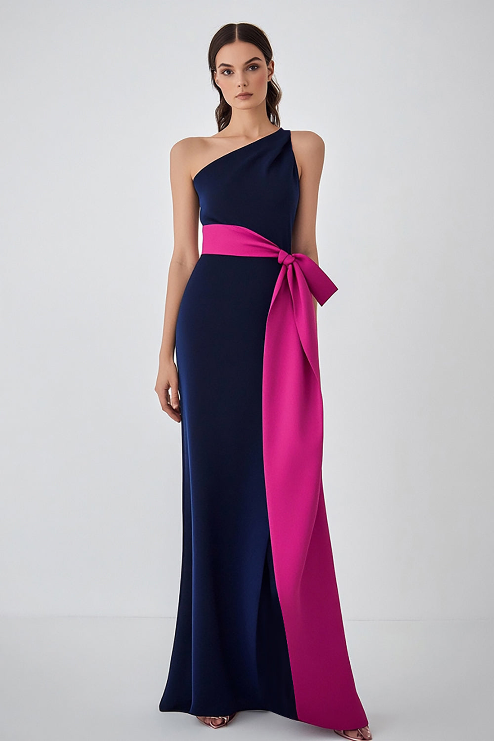 Satin Navy Fuchsia One Shoulder Long Formal Dress
