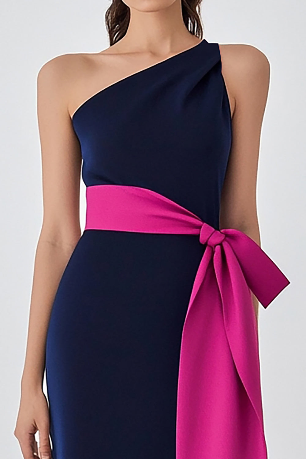 Satin Navy Fuchsia One Shoulder Long Formal Dress