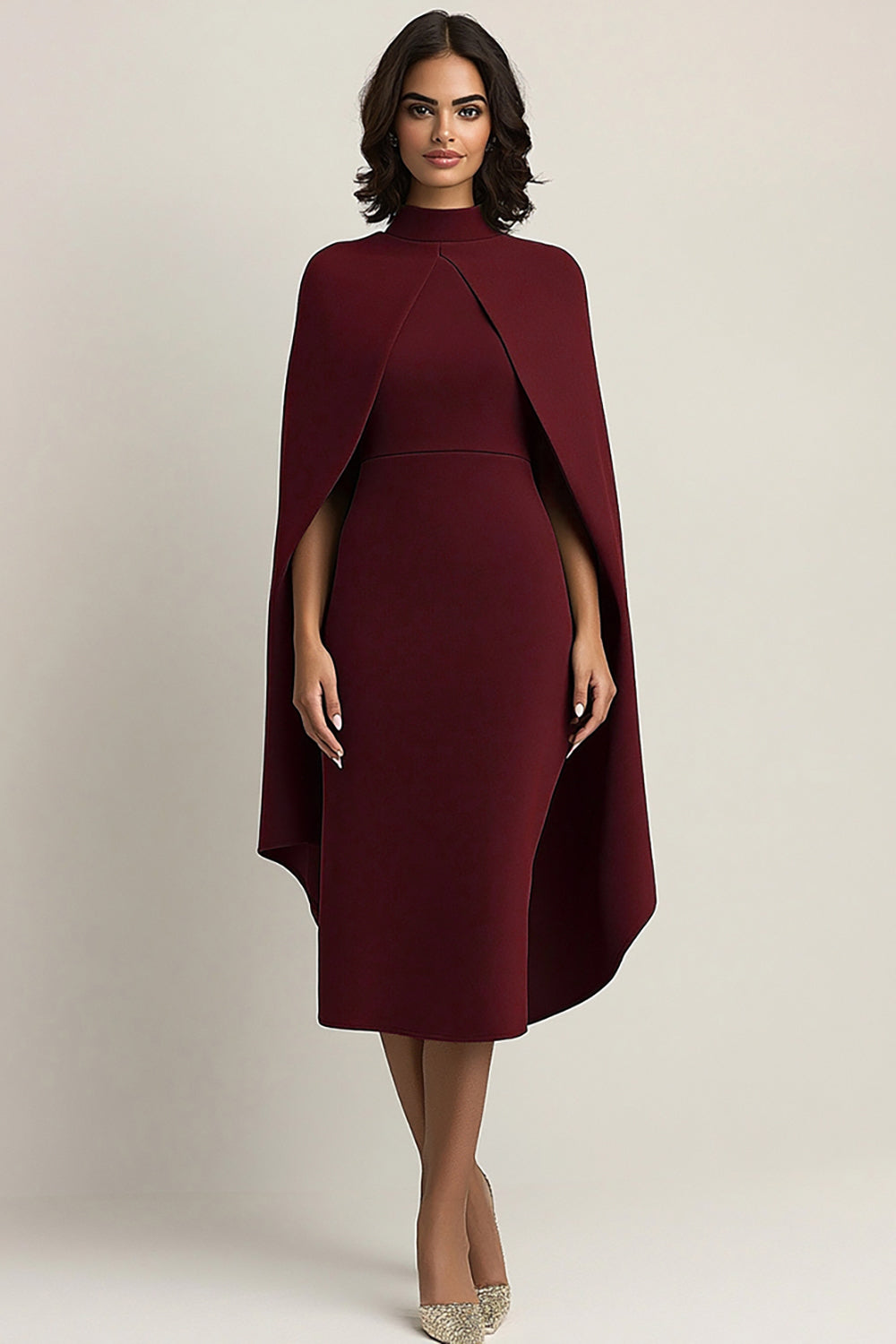Burgundy High Neck Sheath Knee-Length Formal Dress with Shawl
