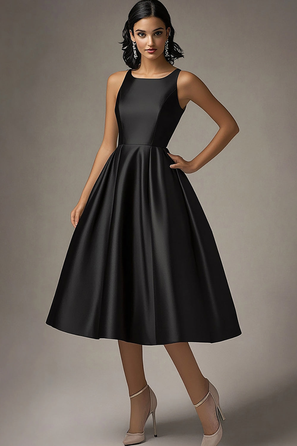 Scoop Neck Black A Line Knee-Length Formal Dress
