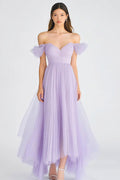 Off the Shoulder Lilac Tulle Asymmetrical Long Formal Dress