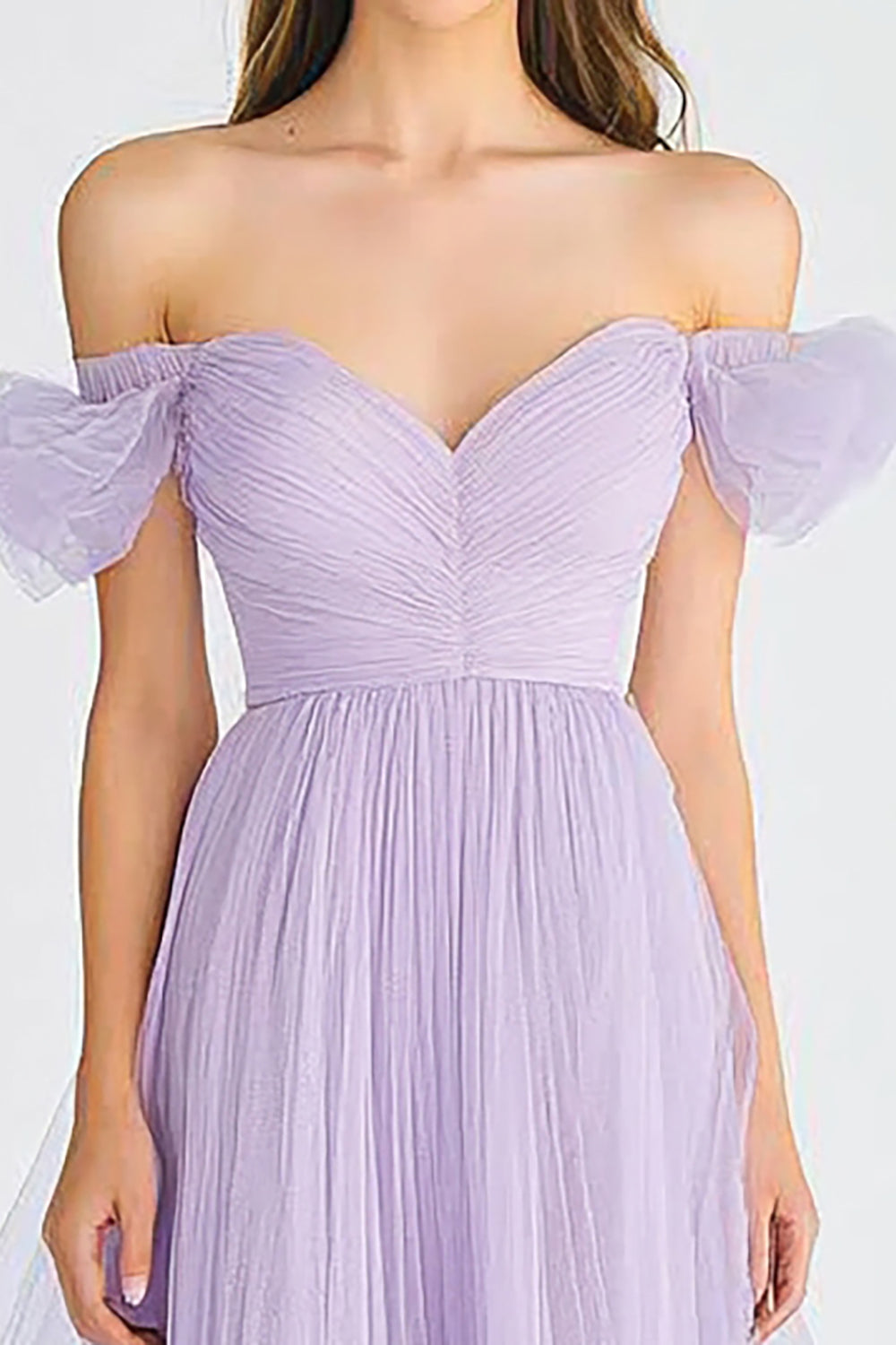 Off the Shoulder Lilac Tulle Asymmetrical Long Formal Dress