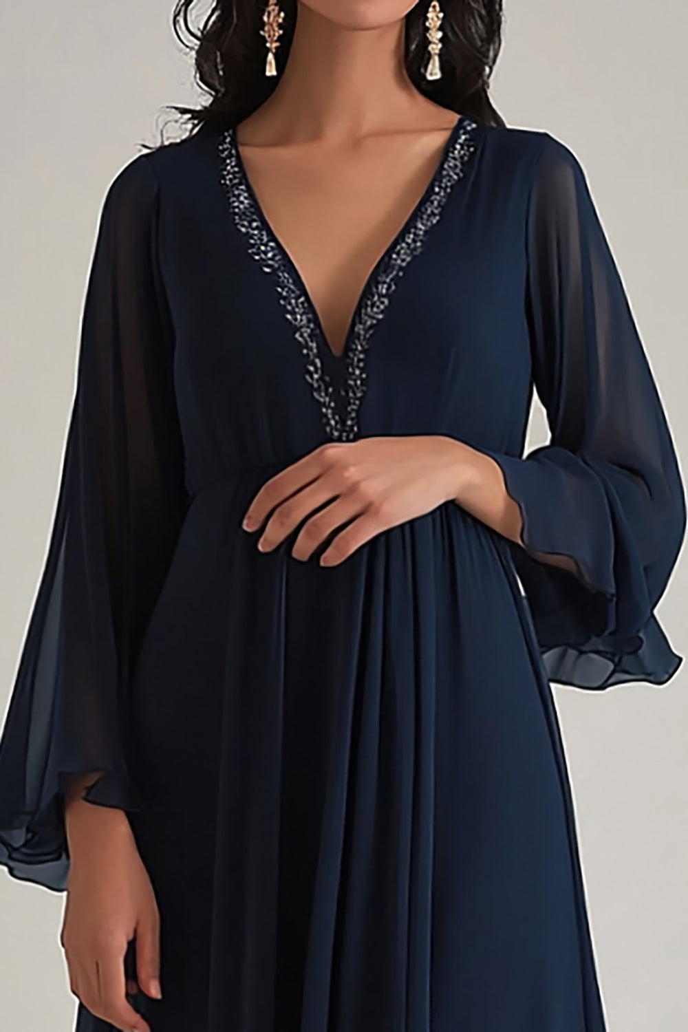 Navy Deep V-Neck Chiffon Long Formal Dress with Sleeves
