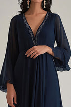 Navy Deep V-Neck Chiffon Long Formal Dress with Sleeves
