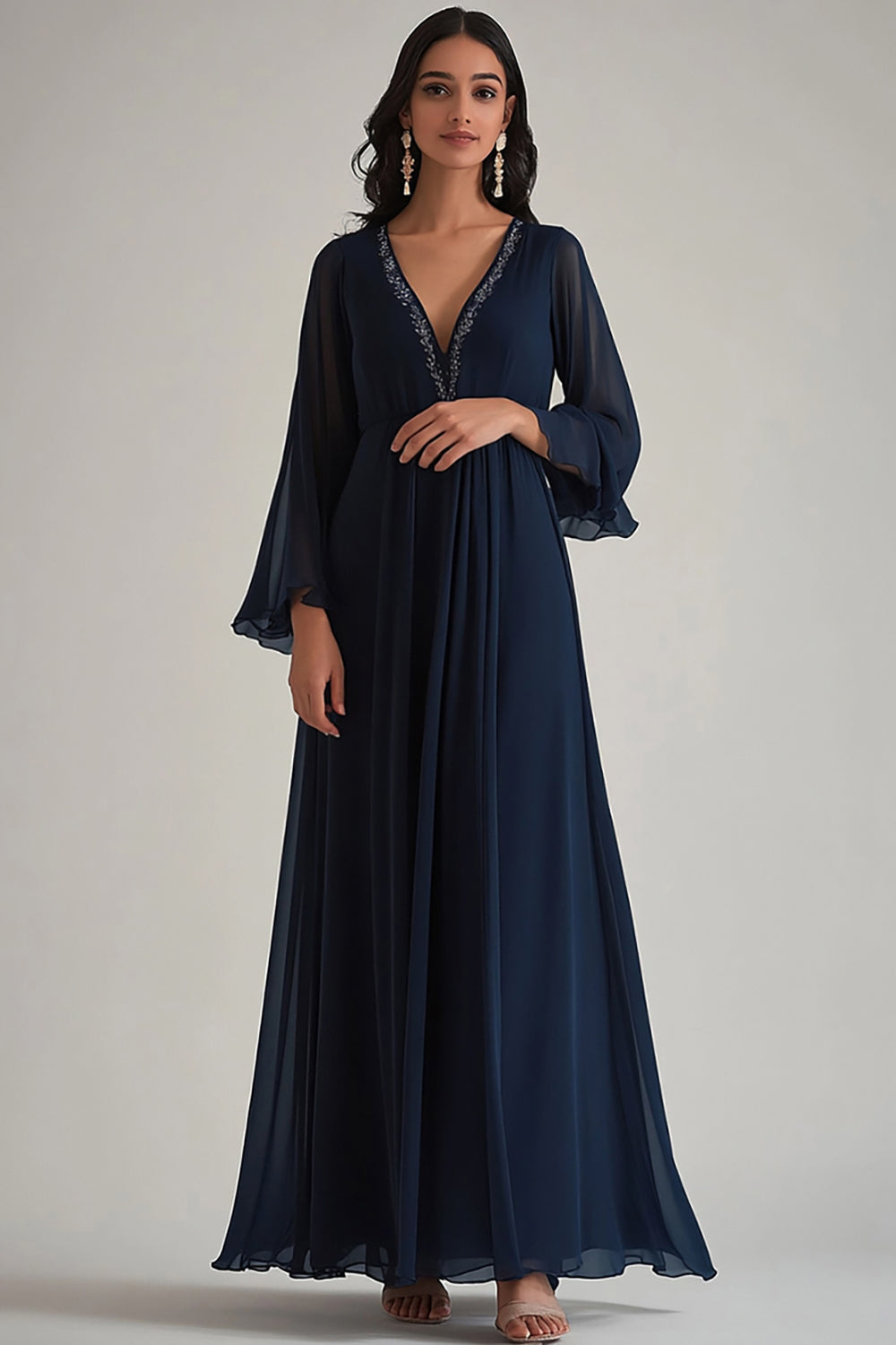 Navy Deep V-Neck Chiffon Long Formal Dress with Sleeves