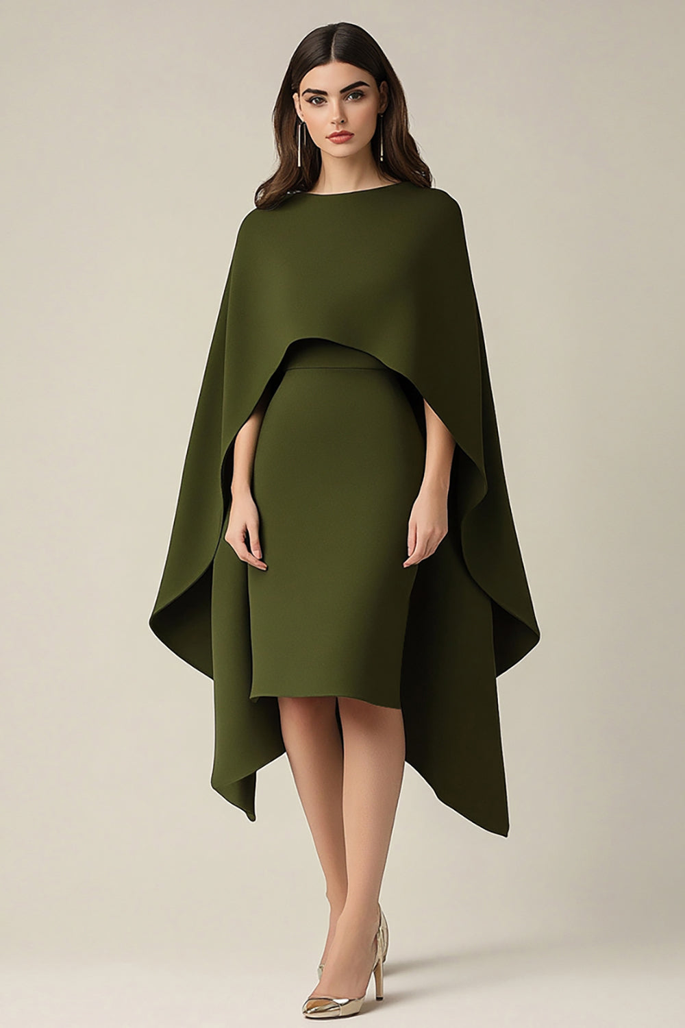 Olive Scoop Sheath Knee-Length Formal Dress with Shawl