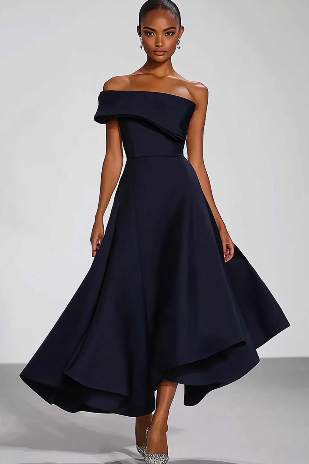 Navy Off the Shoulder A Line Long Formal Dress