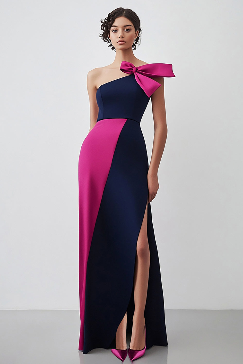 Sheath Navy Fuchsia One Shoulder Long Formal Dress with Slit
