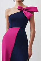 Sheath Navy Fuchsia One Shoulder Long Formal Dress with Slit