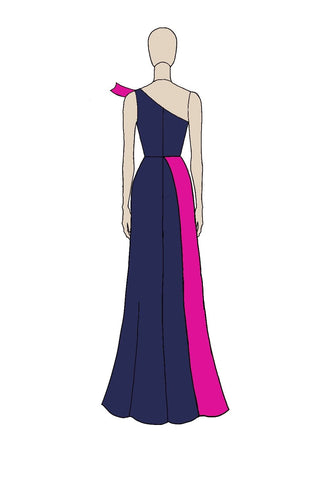 Marineblaues, fuchsiafarbenes, einschultriges, langes Abendkleid mit Schlitz