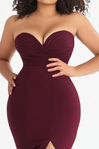 Satin Mermaid Burgundy Plus Size Sweetheart Formal Dress with Slit