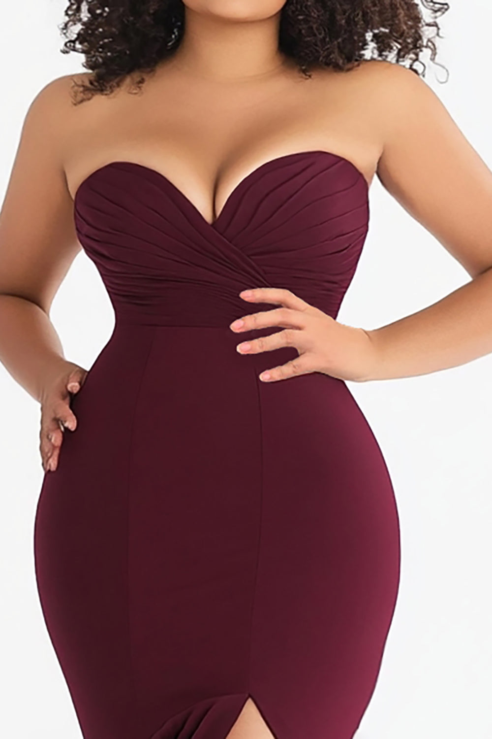 Satin Mermaid Burgundy Plus Size Sweetheart Formal Dress with Slit