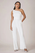 Weißer, langer formeller One-Shoulder-Jumpsuit in Übergröße mit Taschen