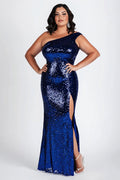 Plus Size One-Shoulder-Kleid in Dunkelblau mit glitzernden langen Pailletten und Schlitz