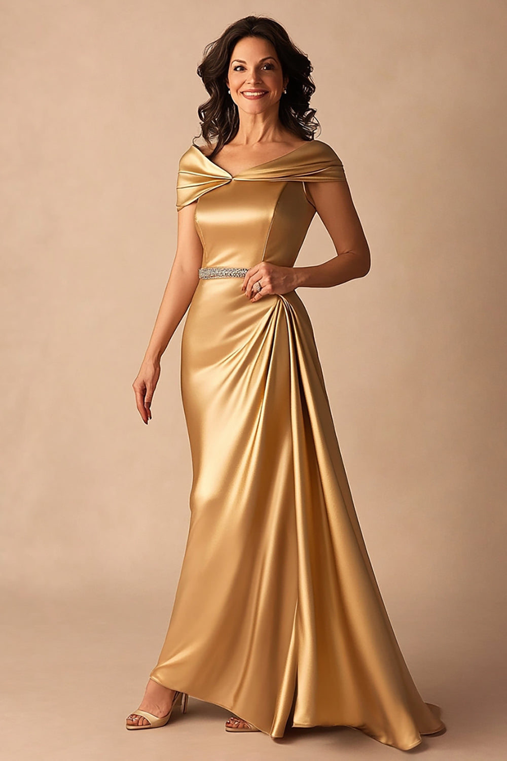 Gold Off the Shoulder A Line Long Formal Dress