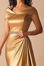 Gold Off the Shoulder A Line Long Formal Dress